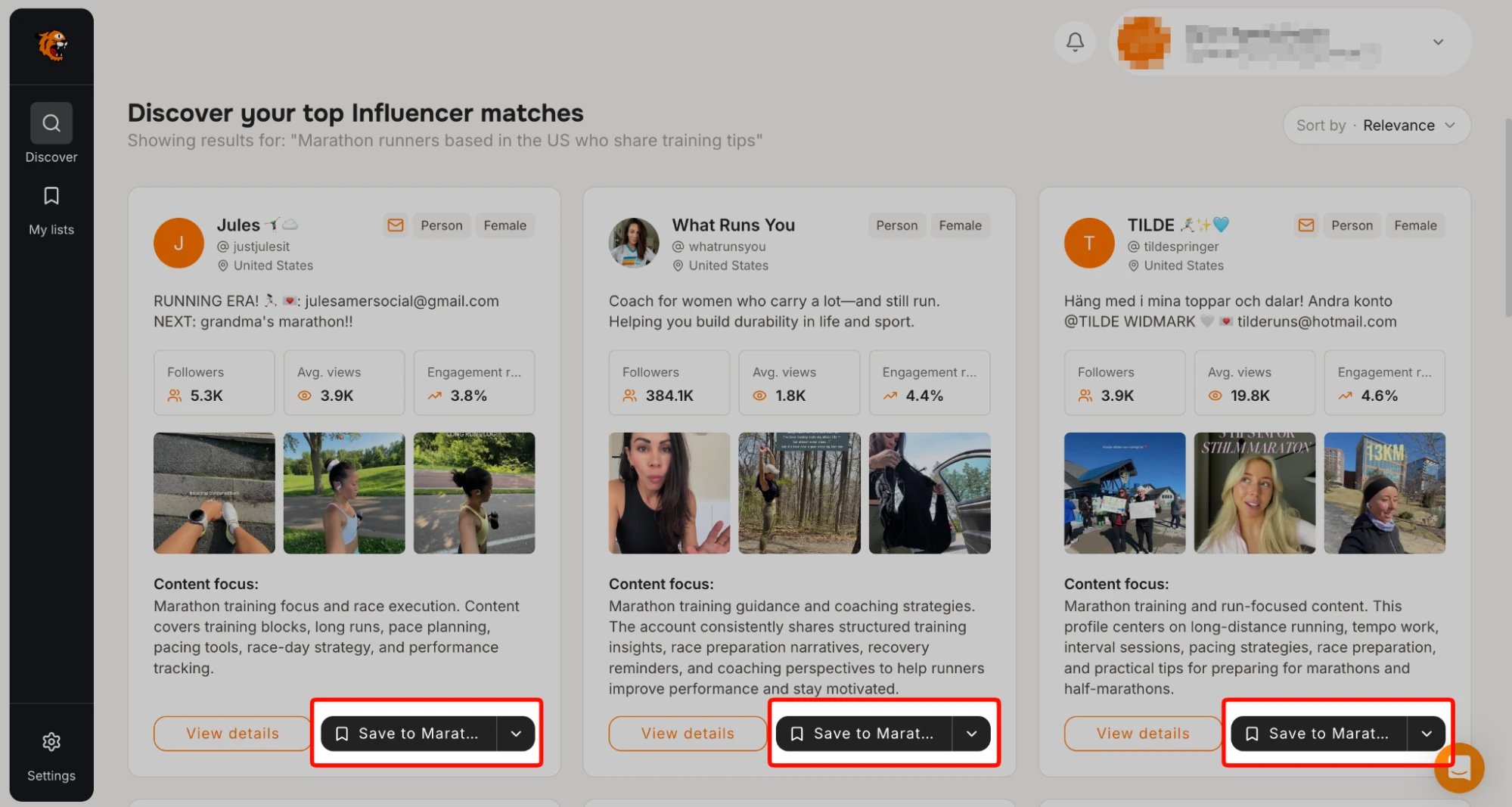 Tiger Finder results page showing matched TikTok creators with followers, average views, engagement rate, and content focus
