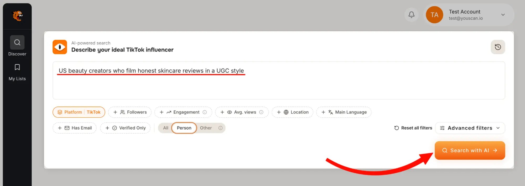 Tiger Finder search bar with a typed request for US beauty creators who film honest skincare reviews in a UGC style