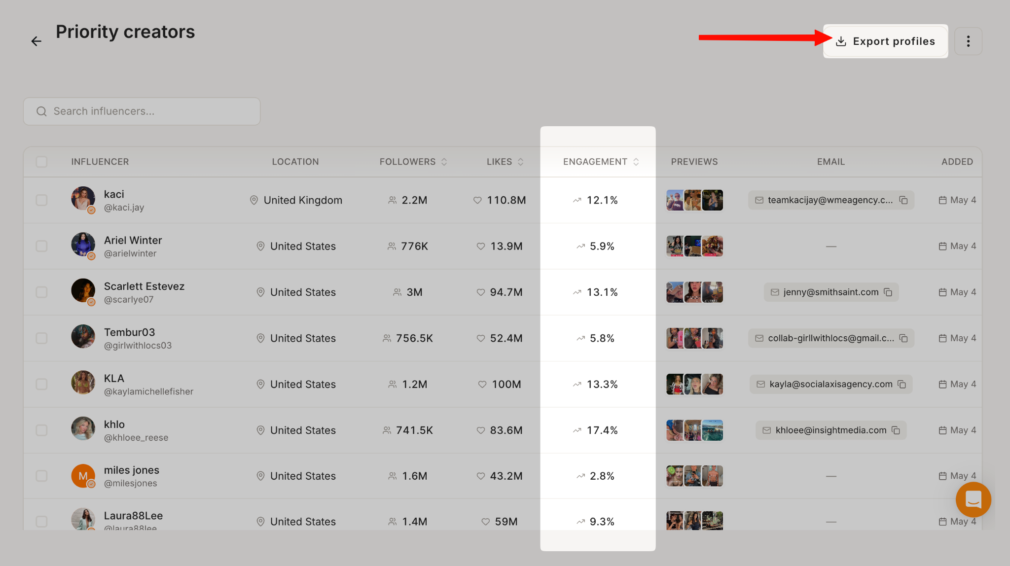 Tiger Finder Priority creators list with TikTok influencer engagement rates, follower counts, and contact emails ready to export