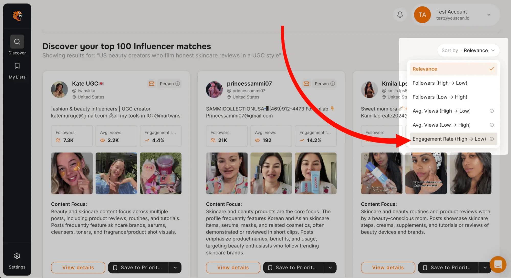 Tiger Finder results page showing creator cards with engagement rate and a dropdown set to sort by engagement rate