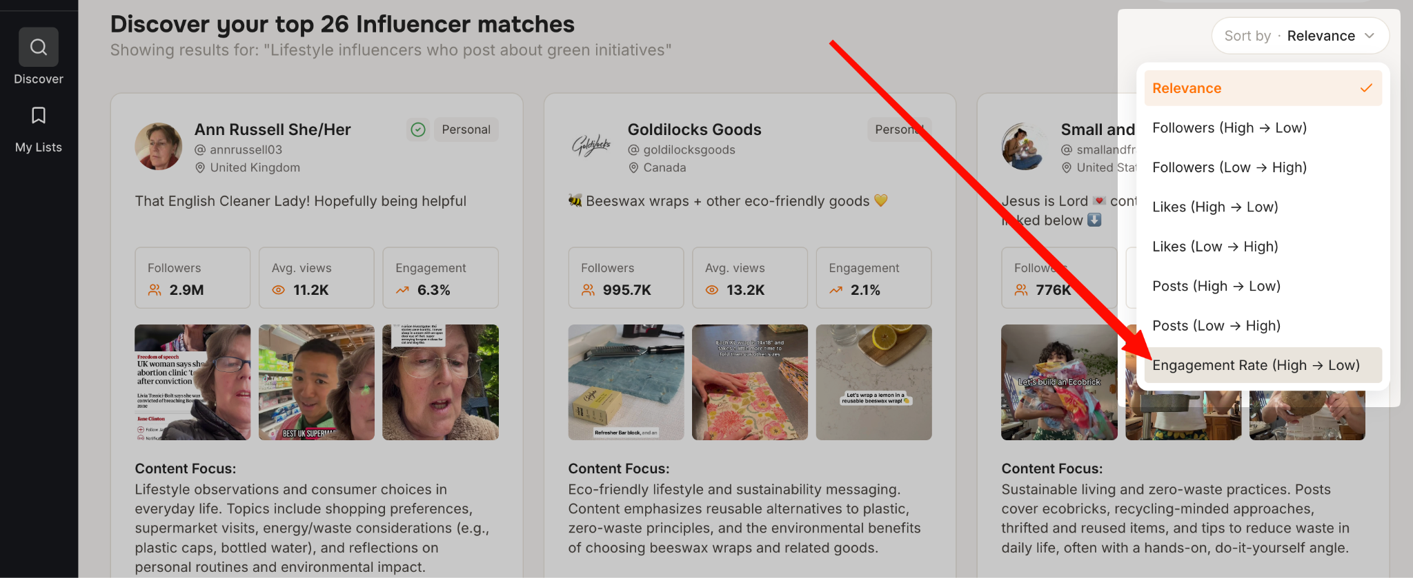 Tiger Finder sort menu filtering TikTok influencer matches by engagement rate from high to low for fair-rate benchmarking