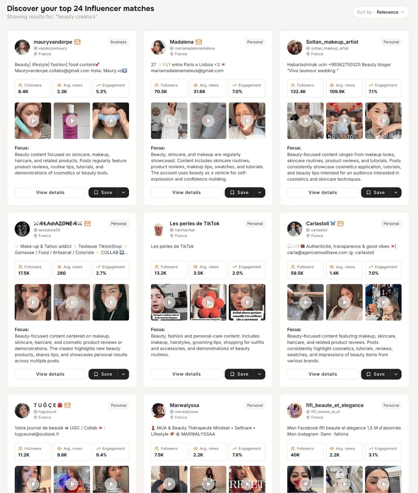 Tiger Finder search returning TikTok creators with engagement data