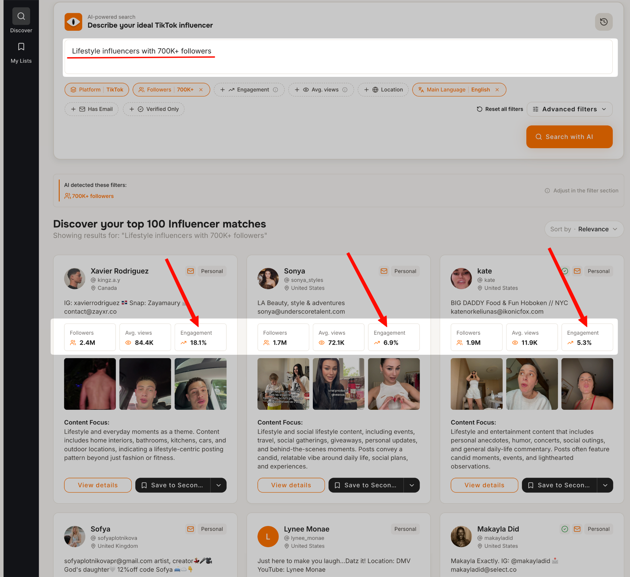 Tiger Finder dashboard showing TikTok influencer search results for lifestyle creators with 700K+ followers and engagement rate metrics