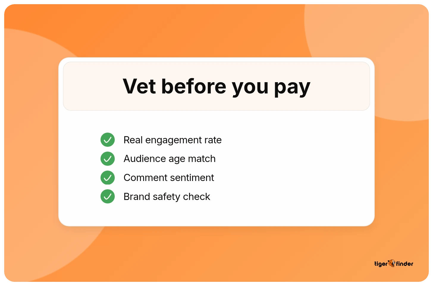 Tiger Finder "Vet before you pay" checklist: real engagement rate, audience age match, comment sentiment, and brand safety check